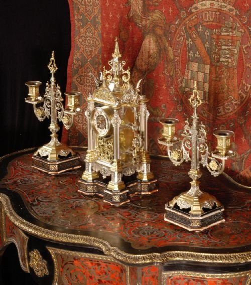 *****  Sold  *****  Antique Silvered Brass Gothic Table Clock Set